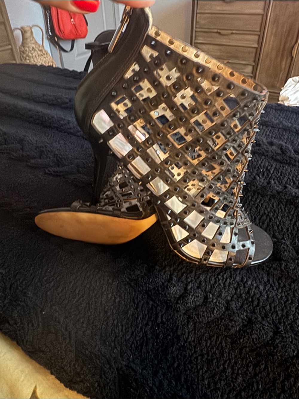 Michael Kors Black Studded Cutout Peep Toe Ankle Booties - Picture 2 of 5